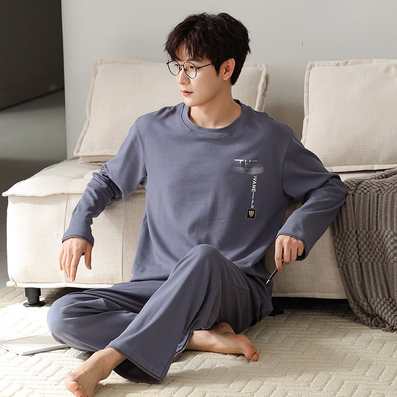 Мъжки пижамен комплект на райета от памук и трикотаж, дълъг ръкав, кръгло деколте, ежедневен домашен костюм, подходящ за носене навън