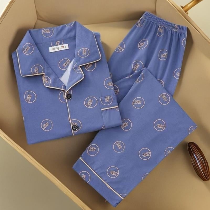 Памучни пижами за възрастни с дълги ръкави и панталони, 100% памук, есенен стил