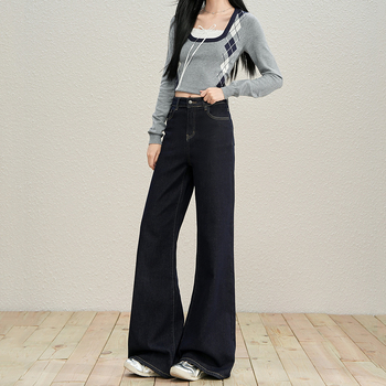 Дънки деним с висока талия, широки крачоли, дълги до пода, смес памук и Lyocell