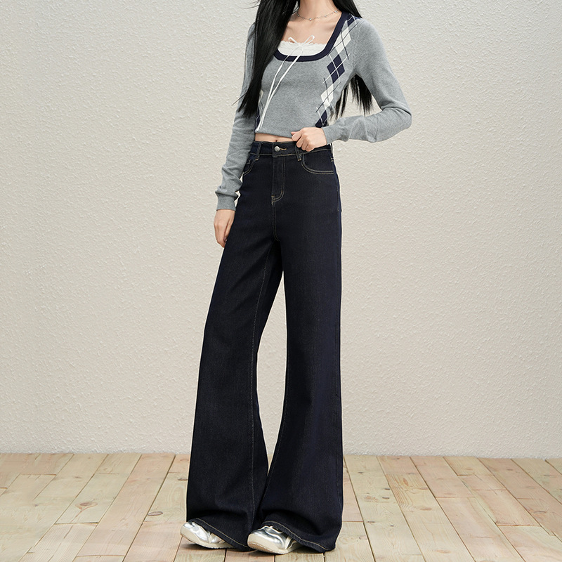 Дънки деним с висока талия, широки крачоли, дълги до пода, смес памук и Lyocell