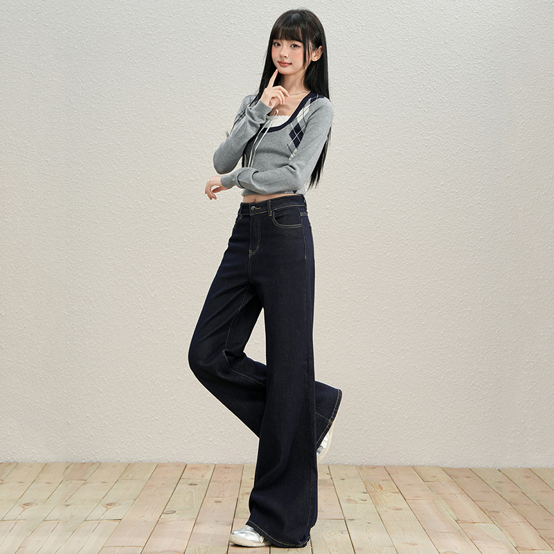 Дънки деним с висока талия, широки крачоли, дълги до пода, смес памук и Lyocell