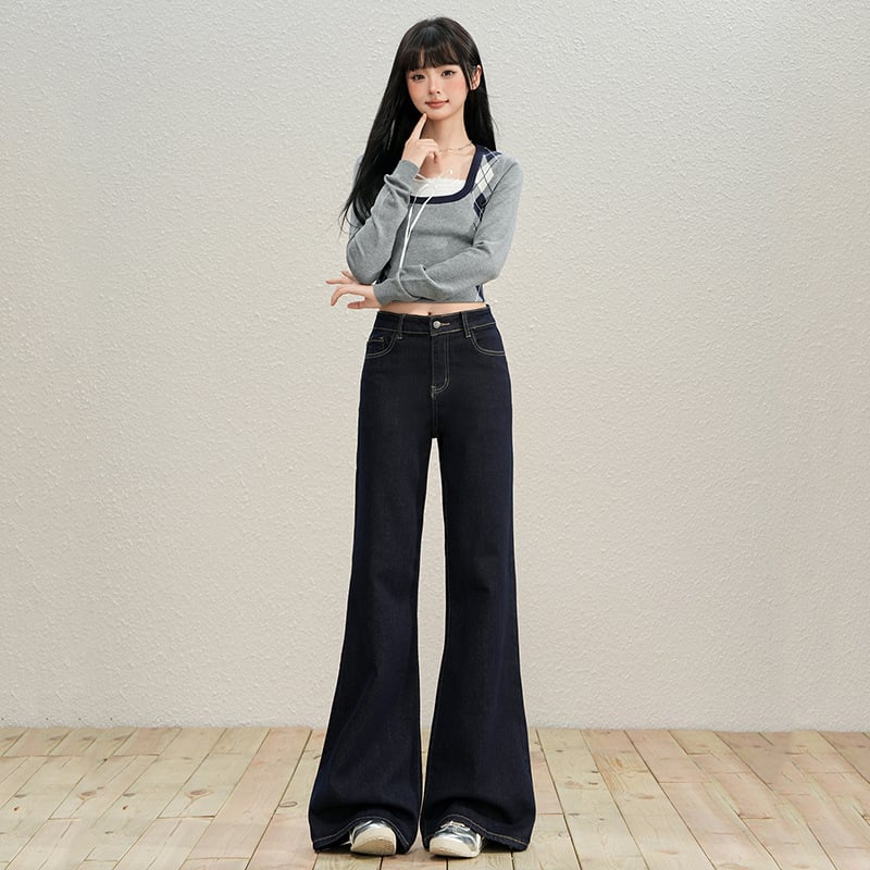 Дънки деним с висока талия, широки крачоли, дълги до пода, смес памук и Lyocell