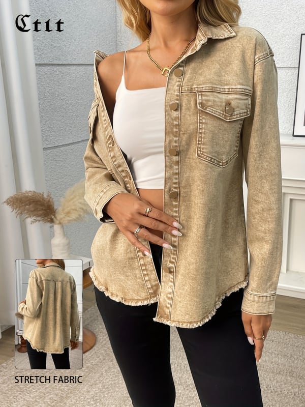 Дънкова риза, свободен силует, средна дължина, дълги ръкави, класическа яка