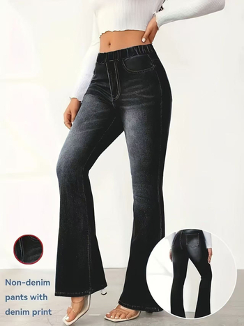 Женски Bootcut спортни панталони с принт имитация деним, дишащи, полиестер със спандекс (95%+ полиестер), висока еластичност