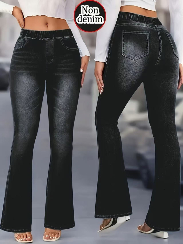 Naiste bootcut püksid denimimustriga, hingavad, polüesteri ja spandexi segu (95%+ polüester), kõrge elastsus