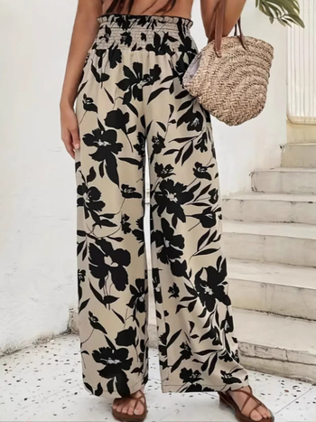 Дамски панталони с висока талия, флорален принт и широки крачоли (полиестерова смес; летен модел 2025)