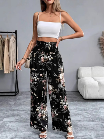 Дамски панталони с висока талия, флорален принт и широки крачоли (полиестерова смес; летен модел 2025)