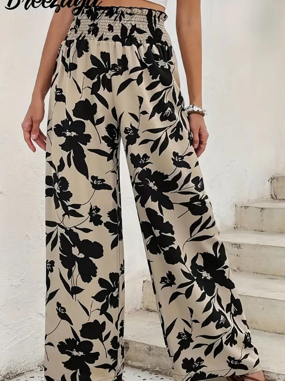 Дамски панталони с висока талия, флорален принт и широки крачоли (полиестерова смес; летен модел 2025)