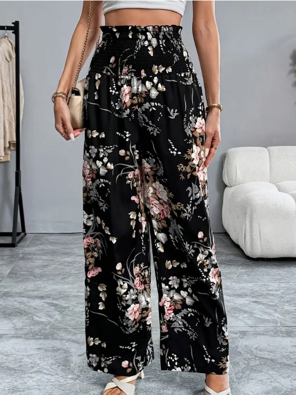 Дамски панталони с висока талия, флорален принт и широки крачоли (полиестерова смес; летен модел 2025)