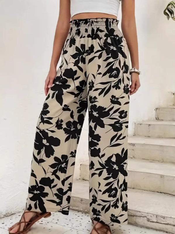 Дамски панталони с висока талия, флорален принт и широки крачоли (полиестерова смес; летен модел 2025)