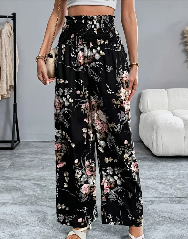 Дамски панталони с висока талия, флорален принт и широки крачоли (полиестерова смес; летен модел 2025)