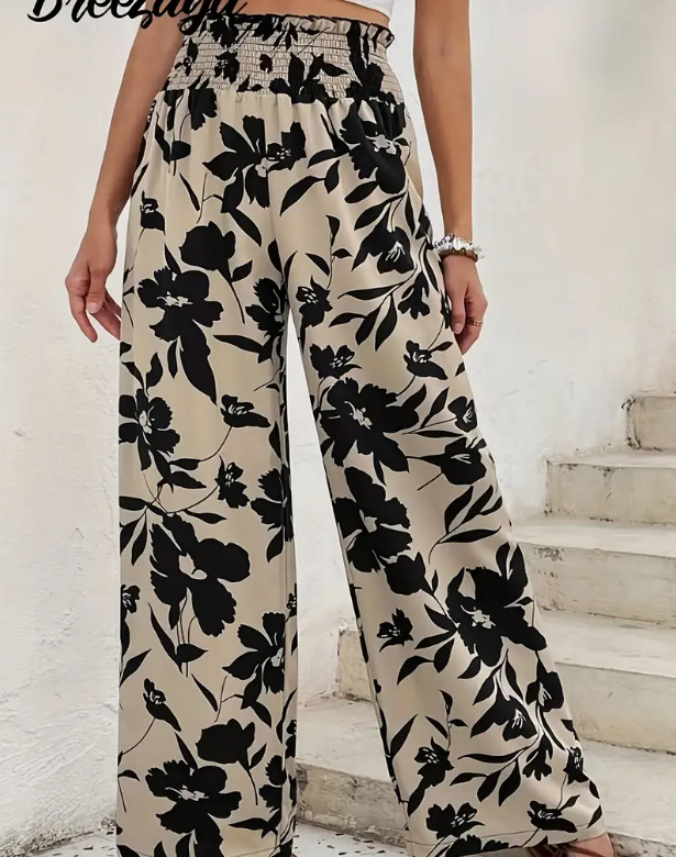 Дамски панталони с висока талия, флорален принт и широки крачоли (полиестерова смес; летен модел 2025)