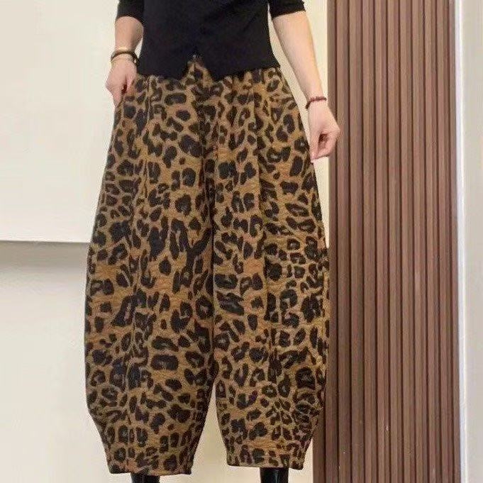 Ежедневни панталони с висока талия, леопардов принт, кройка харам-лантерн, свободен силует, полиестерна тъкан, дебела материя, есен 2025