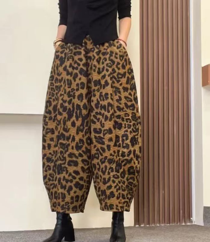 Ежедневни панталони с висока талия, леопардов принт, кройка харам-лантерн, свободен силует, полиестерна тъкан, дебела материя, есен 2025