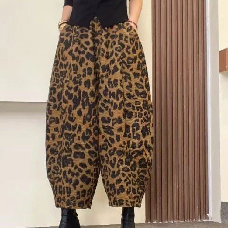 Ежедневни панталони с висока талия, леопардов принт, кройка харам-лантерн, свободен силует, полиестерна тъкан, дебела материя, есен 2025