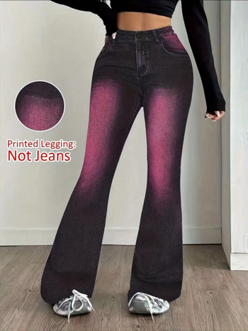 Дамски ежедневни панталони с висока талия, принт и леко разширени крачоли; смес полиестер-еластан (≥95% полиестер), висока еластичност