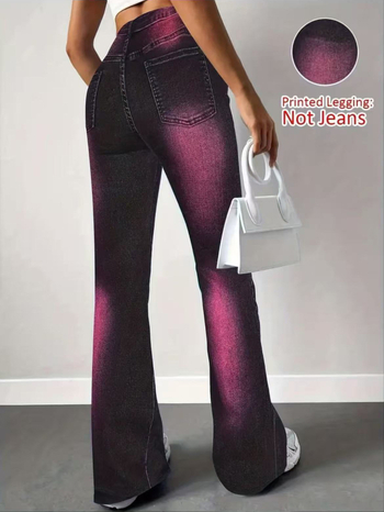 Дамски ежедневни панталони с висока талия, принт и леко разширени крачоли; смес полиестер-еластан (≥95% полиестер), висока еластичност