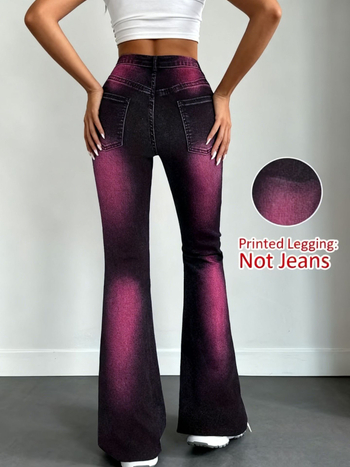 Дамски ежедневни панталони с висока талия, принт и леко разширени крачоли; смес полиестер-еластан (≥95% полиестер), висока еластичност