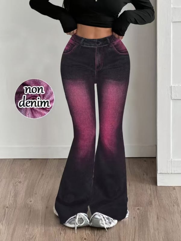 Дамски ежедневни панталони с висока талия, принт и леко разширени крачоли; смес полиестер-еластан (≥95% полиестер), висока еластичност