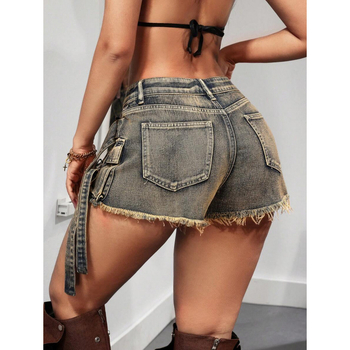 Дънкови къси панталони, дамски свободен силует, закопчаване с връзка, подплата от флис, полиестерова смес