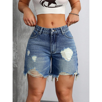 Дамски дънкови къси панталони с винтидж джоб, разкъсан ръб, с подплата от флис, полиестрова смес, свободна кройка