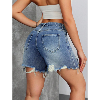 Дамски дънкови къси панталони с винтидж джоб, разкъсан ръб, с подплата от флис, полиестрова смес, свободна кройка