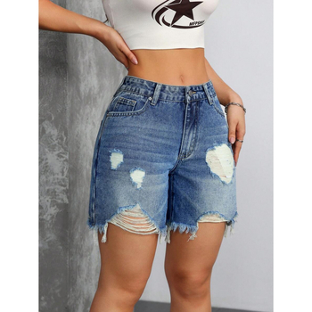 Дамски дънкови къси панталони с винтидж джоб, разкъсан ръб, с подплата от флис, полиестрова смес, свободна кройка
