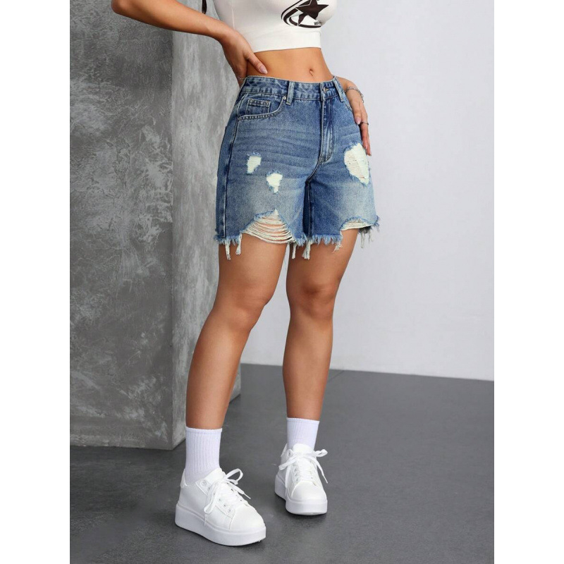 Дамски дънкови къси панталони с винтидж джоб, разкъсан ръб, с подплата от флис, полиестрова смес, свободна кройка