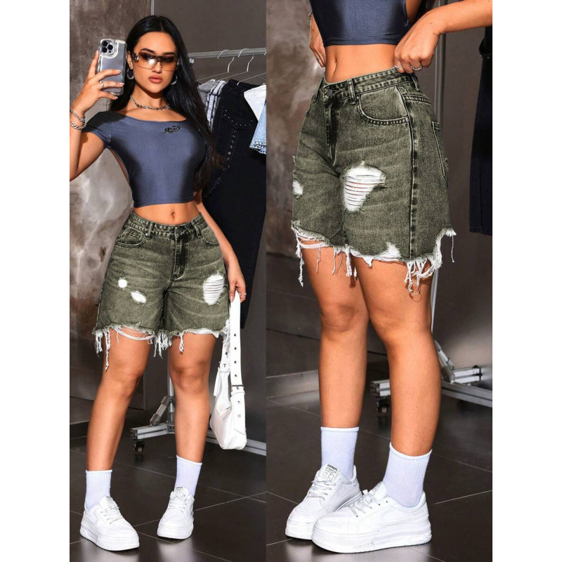 Дамски дънкови къси панталони с винтидж джоб, разкъсан ръб, с подплата от флис, полиестрова смес, свободна кройка