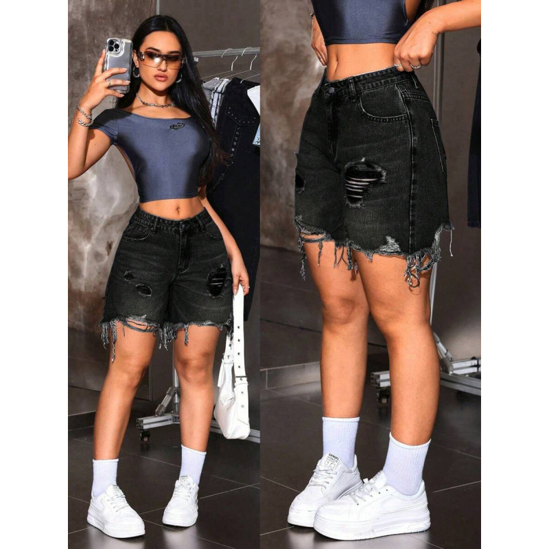 Дамски дънкови къси панталони с винтидж джоб, разкъсан ръб, с подплата от флис, полиестрова смес, свободна кройка