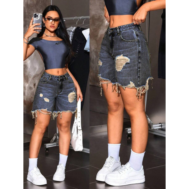 Дамски дънкови къси панталони с винтидж джоб, разкъсан ръб, с подплата от флис, полиестрова смес, свободна кройка