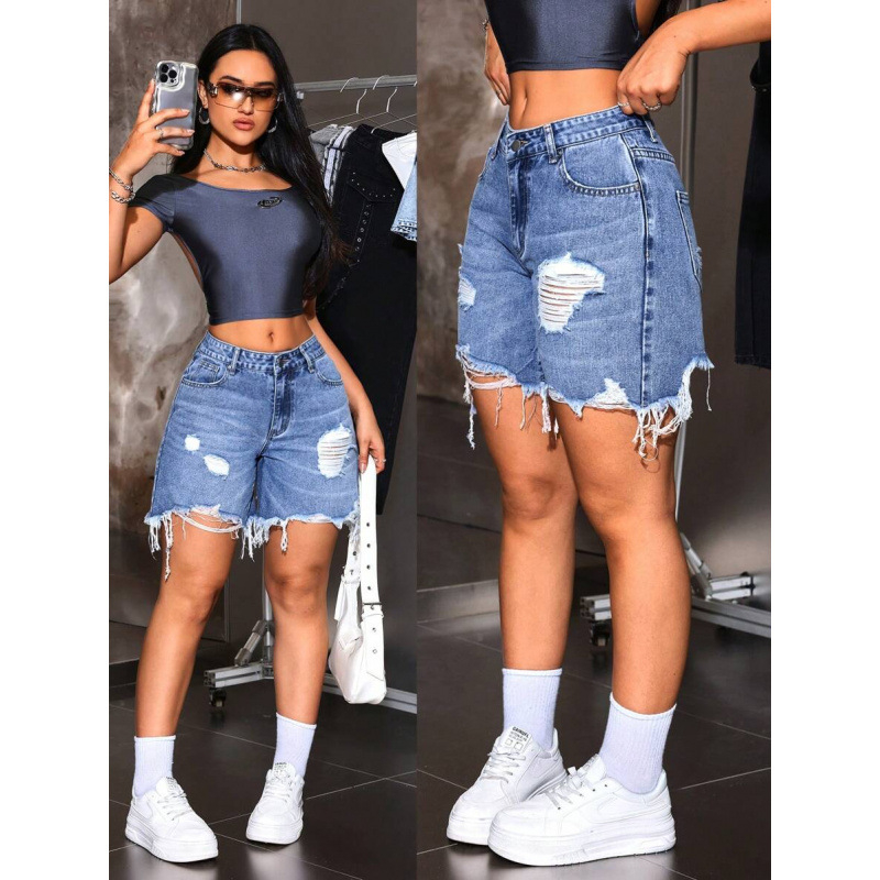 Дамски дънкови къси панталони с винтидж джоб, разкъсан ръб, с подплата от флис, полиестрова смес, свободна кройка