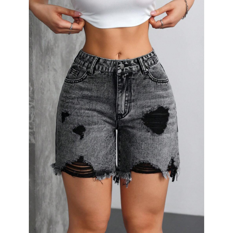 Дамски дънкови къси панталони с винтидж джоб, разкъсан ръб, с подплата от флис, полиестрова смес, свободна кройка