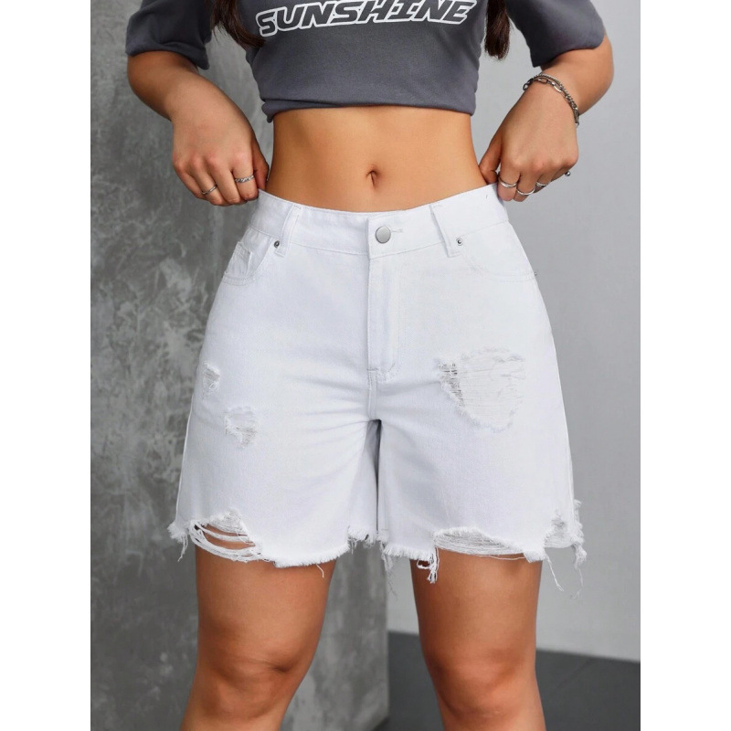 Дамски дънкови къси панталони с винтидж джоб, разкъсан ръб, с подплата от флис, полиестрова смес, свободна кройка