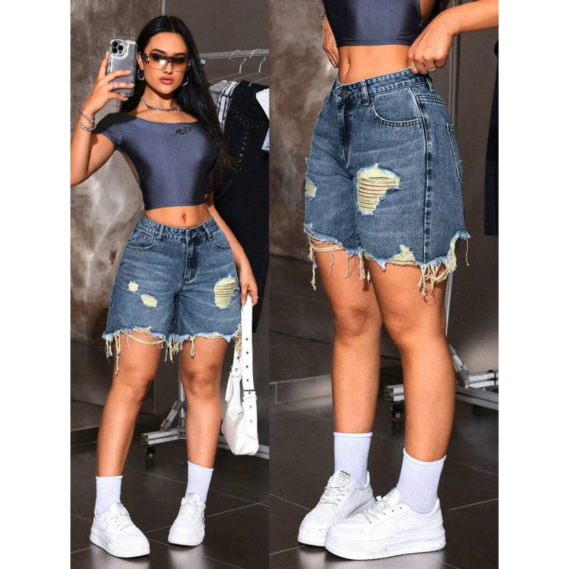 Дамски дънкови къси панталони с винтидж джоб, разкъсан ръб, с подплата от флис, полиестрова смес, свободна кройка
