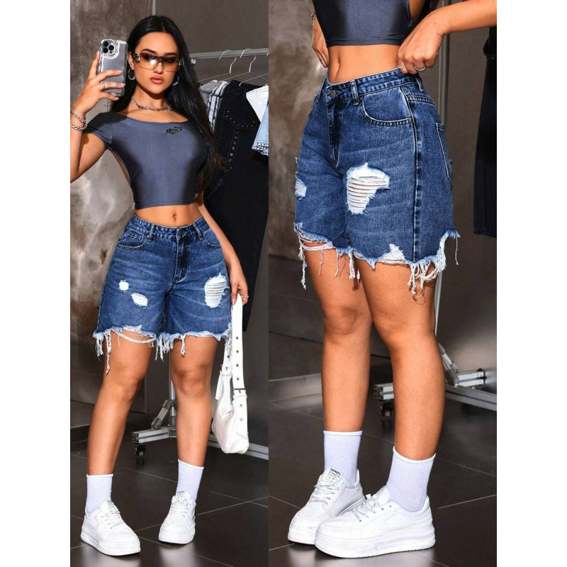Дамски дънкови къси панталони с винтидж джоб, разкъсан ръб, с подплата от флис, полиестрова смес, свободна кройка