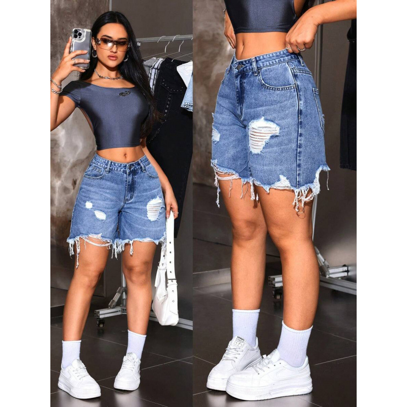 Дамски дънкови къси панталони с винтидж джоб, разкъсан ръб, с подплата от флис, полиестрова смес, свободна кройка