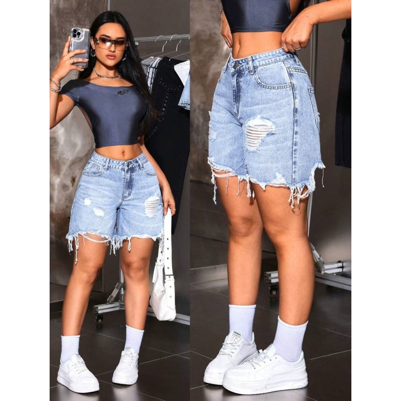 Дамски дънкови къси панталони с винтидж джоб, разкъсан ръб, с подплата от флис, полиестрова смес, свободна кройка