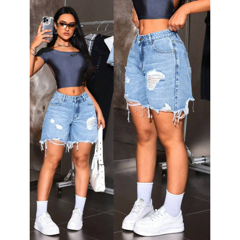 Дамски дънкови къси панталони с винтидж джоб, разкъсан ръб, с подплата от флис, полиестрова смес, свободна кройка
