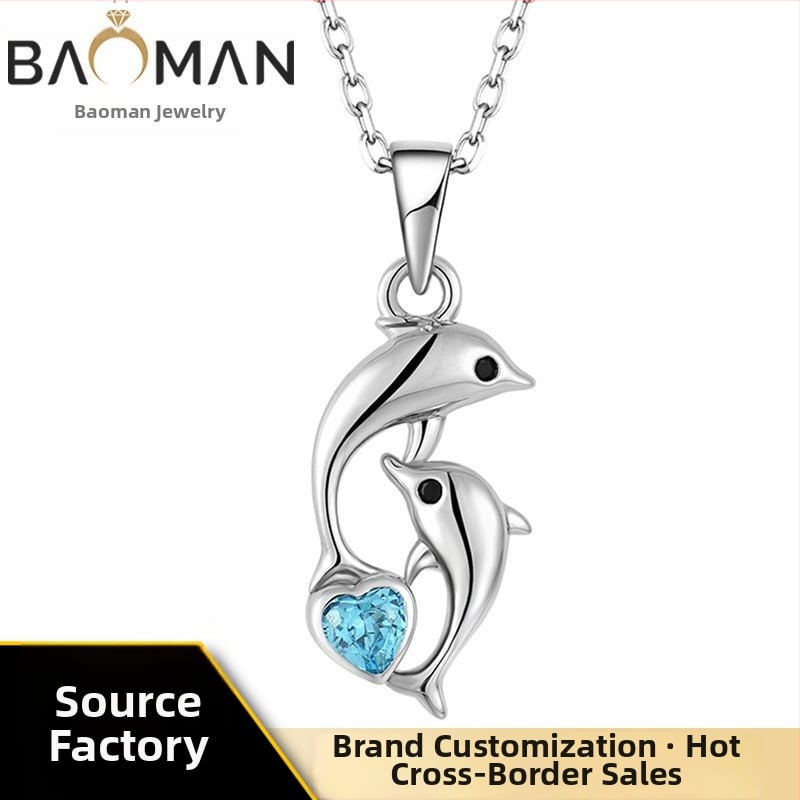 Колие от S925 стерлингово сребро с медальон дельфин и сърце с диамант, инкрустирани циркони, дамски модни бижута