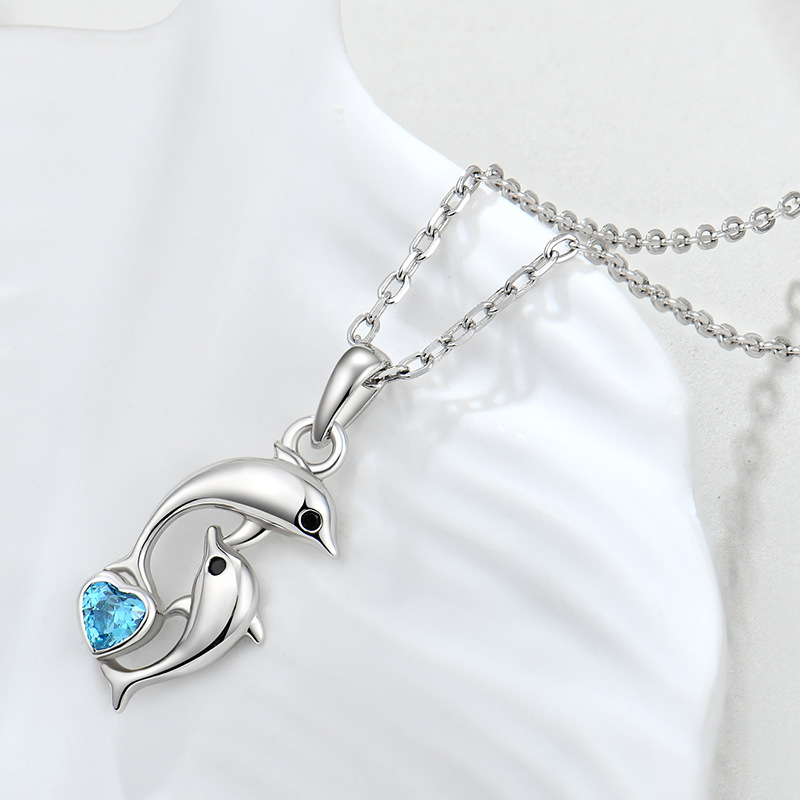Колие от S925 стерлингово сребро с медальон дельфин и сърце с диамант, инкрустирани циркони, дамски модни бижута