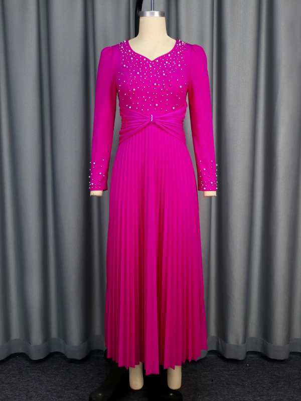 Вечерна рокля с мъниста, V-образно деколте, дълги ръкави, плисирана пола, висока талия