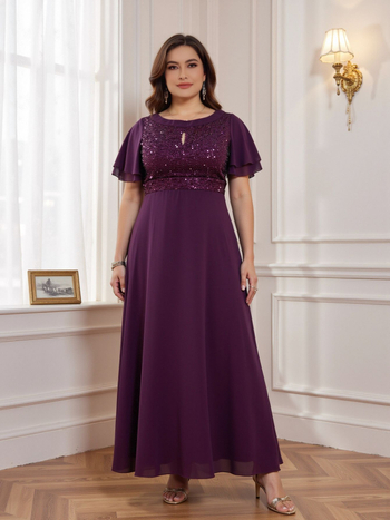 Дълга дамска рокля в стил A-форма със пайети и мрежеста тъкан, полиестер, къси ръкави, висока талия