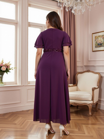 Дълга дамска рокля в стил A-форма със пайети и мрежеста тъкан, полиестер, къси ръкави, висока талия