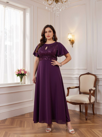 Дълга дамска рокля в стил A-форма със пайети и мрежеста тъкан, полиестер, къси ръкави, висока талия