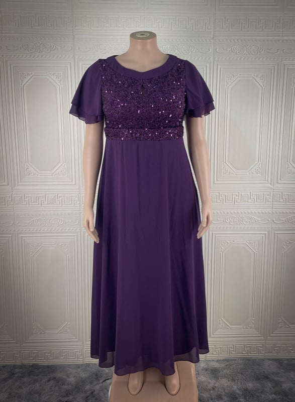 Дълга дамска рокля в стил A-форма със пайети и мрежеста тъкан, полиестер, къси ръкави, висока талия