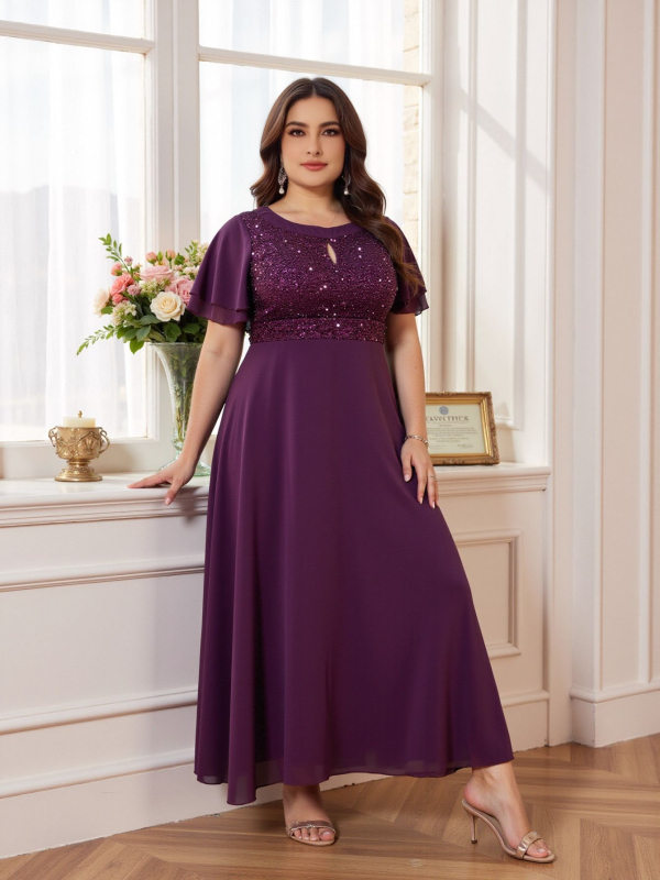 Дълга дамска рокля в стил A-форма със пайети и мрежеста тъкан, полиестер, къси ръкави, висока талия