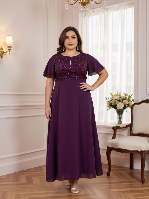 Дълга дамска рокля в стил A-форма със пайети и мрежеста тъкан, полиестер, къси ръкави, висока талия