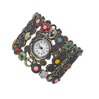 Дамски часовник с гривна, етно флорален дизайн и корейски ретро стил; кварцов механизъм Seagull Z618; корпус и каишка от цинкова сплав; възможна персонализация на лого; декоративни три стрелки