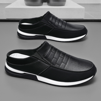 Мъжки кожени обувки - PU горно, гумена подметка, кръгъл нос, обувки без връзки, Пролет 2025